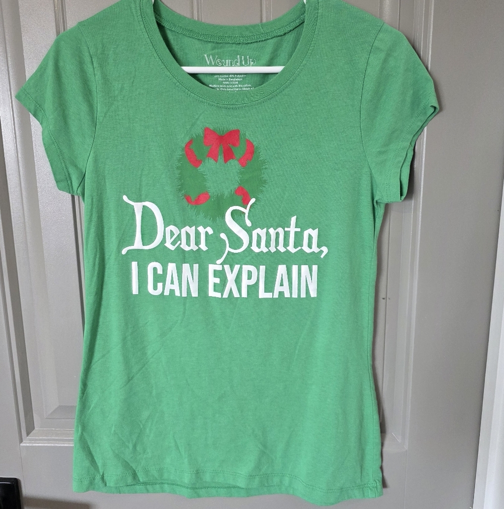 Wound Up Womans Large Green Short Sleeve Christmas Tee Dear Santa